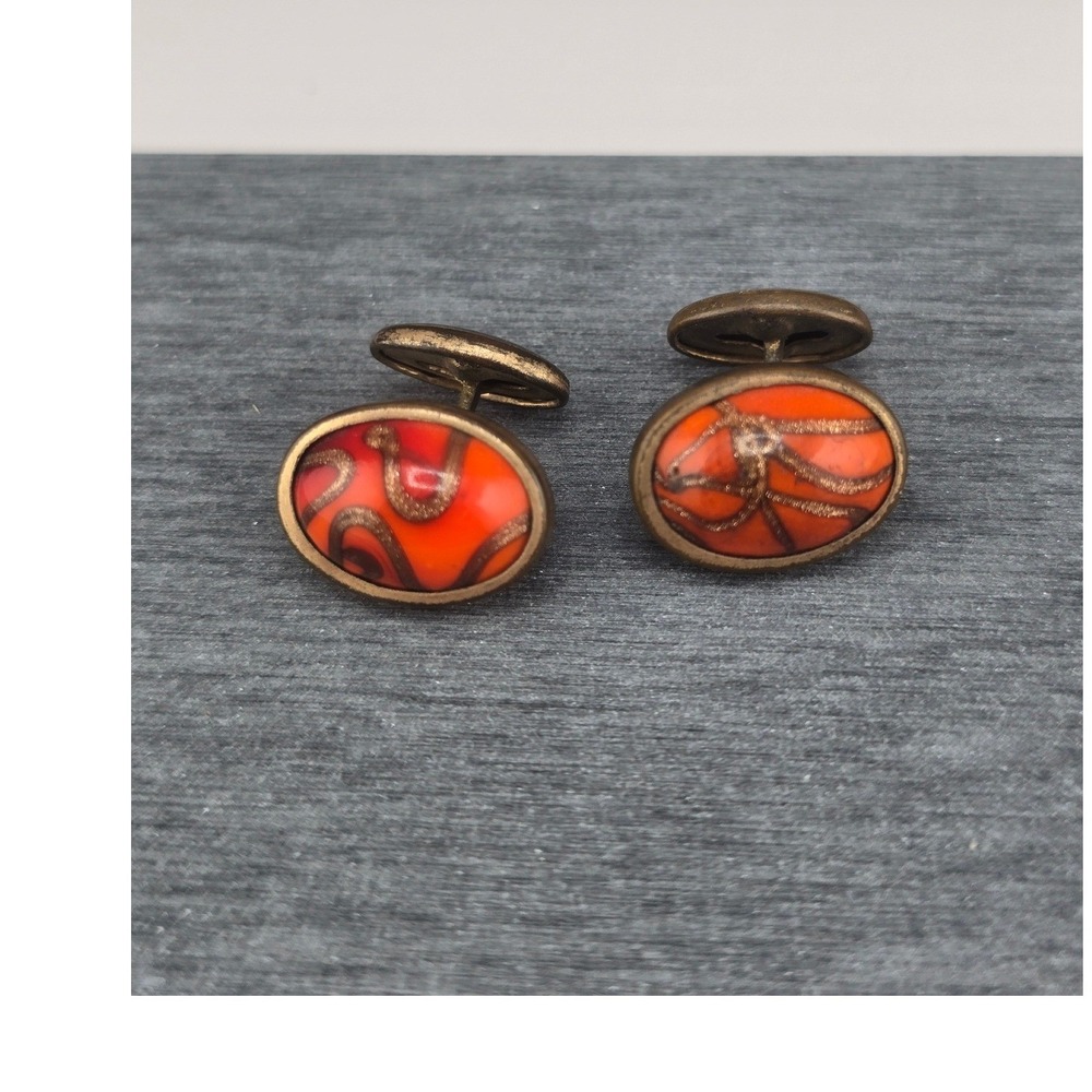 Vintage Estate Cufflinks Orange Red Swirl Art Glass Gold Tone